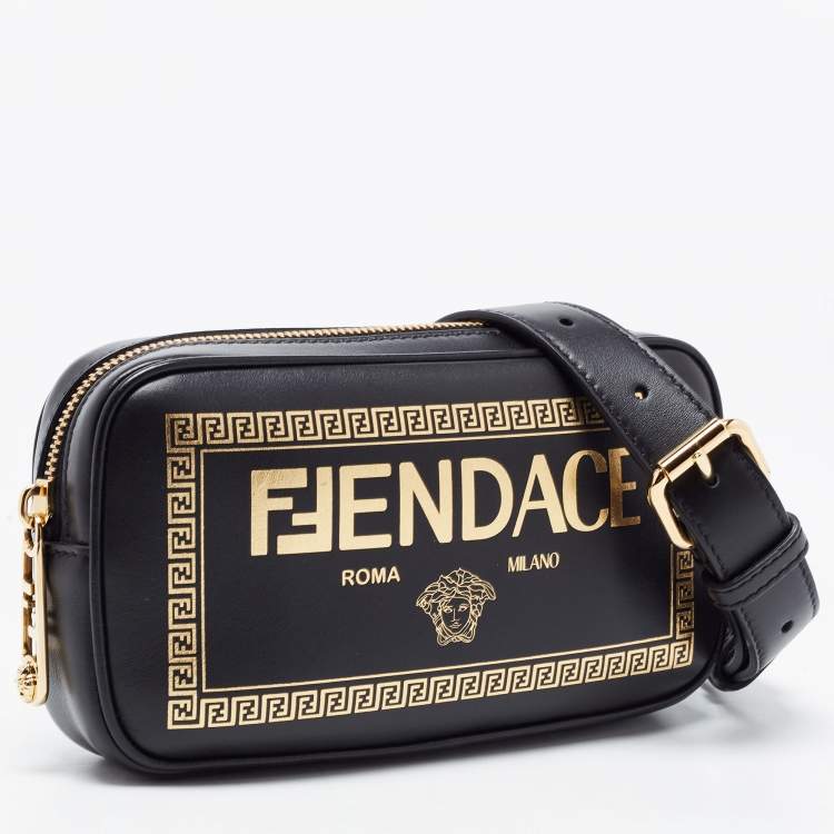 Pre Owned Fendi x Versace Black Leather Logo Print Fendace Camera Bag