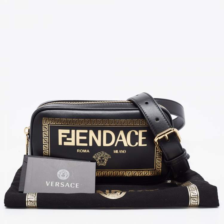 Pre Owned Fendi x Versace Black Leather Logo Print Fendace Camera Bag