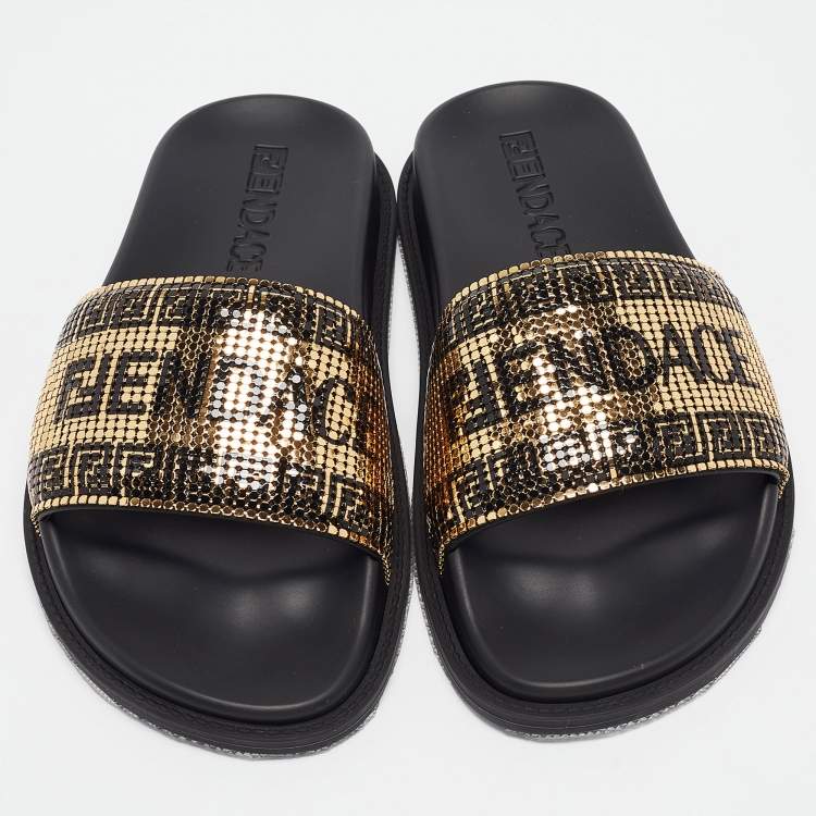 Pre Owned Fendi X Versace Gold Metal and Rubber Flat Slides Size 35
