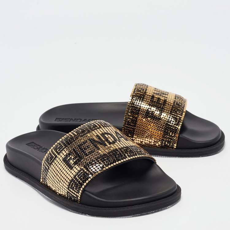 Pre Owned Fendi X Versace Gold Metal and Rubber Flat Slides Size 35