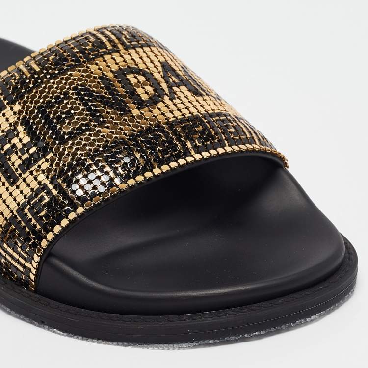 Pre Owned Fendi X Versace Gold Metal and Rubber Flat Slides Size 35