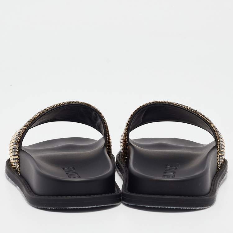 Pre Owned Fendi X Versace Gold Metal and Rubber Flat Slides Size 35