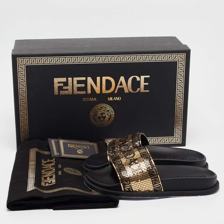 Pre Owned Fendi X Versace Gold Metal and Rubber Flat Slides Size 35