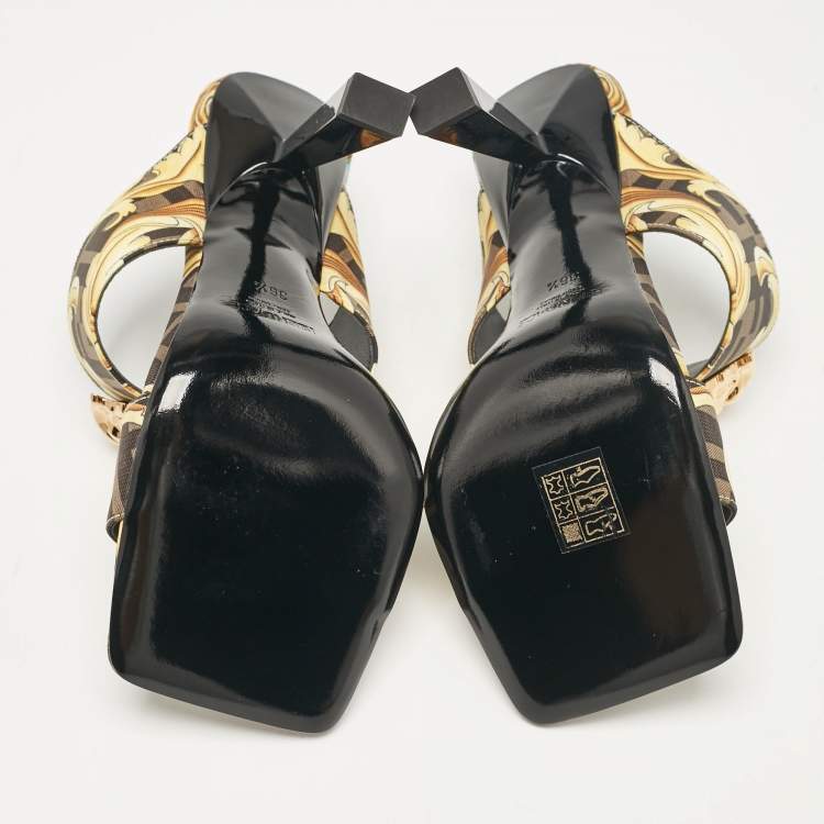 Pre Owned Fendi x Versace Black/Yellow Baroque Fabric Medusa Slide Sandals Size 36.5