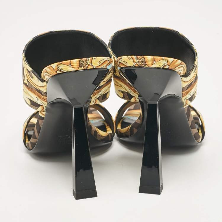 Pre Owned Fendi x Versace Black/Yellow Baroque Fabric Medusa Slide Sandals Size 36.5
