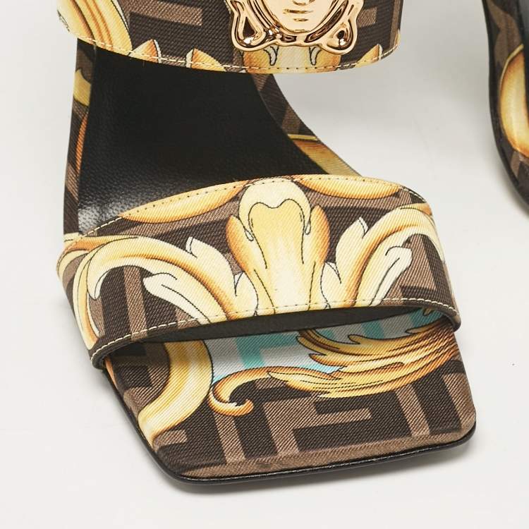 Pre Owned Fendi x Versace Black/Yellow Baroque Fabric Medusa Slide Sandals Size 36.5