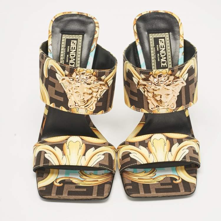 Pre Owned Fendi x Versace Black/Yellow Baroque Fabric Medusa Slide Sandals Size 36.5