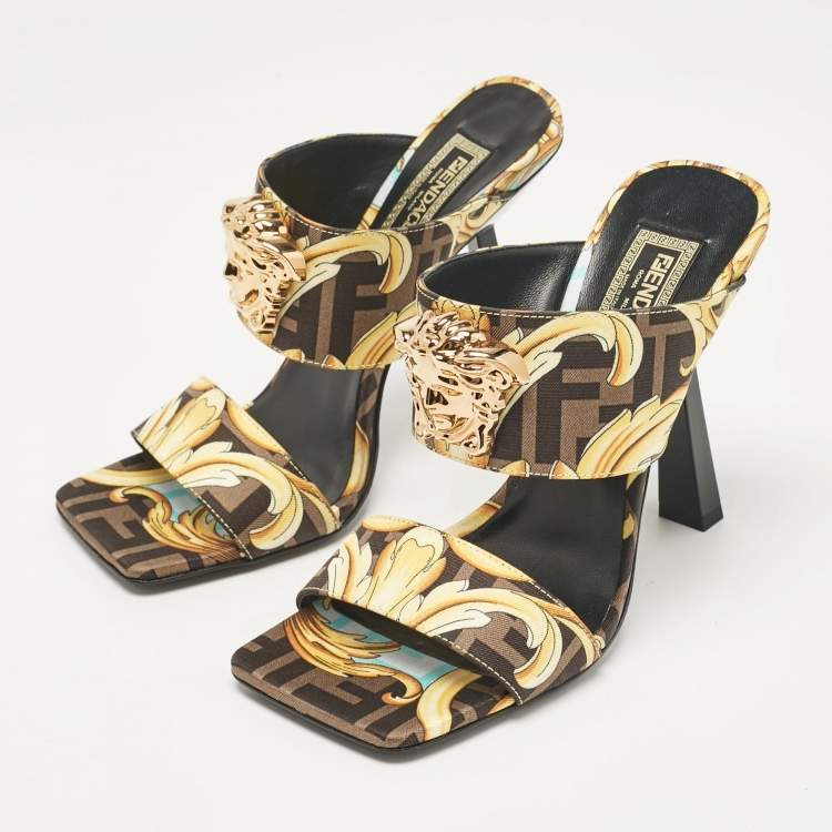 Pre Owned Fendi x Versace Black/Yellow Baroque Fabric Medusa Slide Sandals Size 36.5