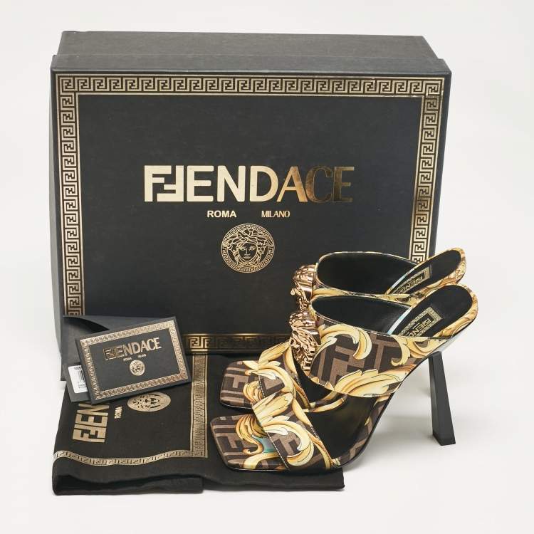 Pre Owned Fendi x Versace Black/Yellow Baroque Fabric Medusa Slide Sandals Size 36.5