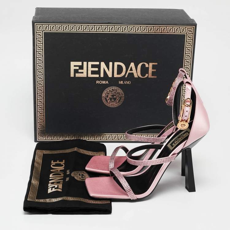 Pre Owned Fendi x Versace Pink Satin Crystal Embellished Ankle Strap Sandals Size 37.5