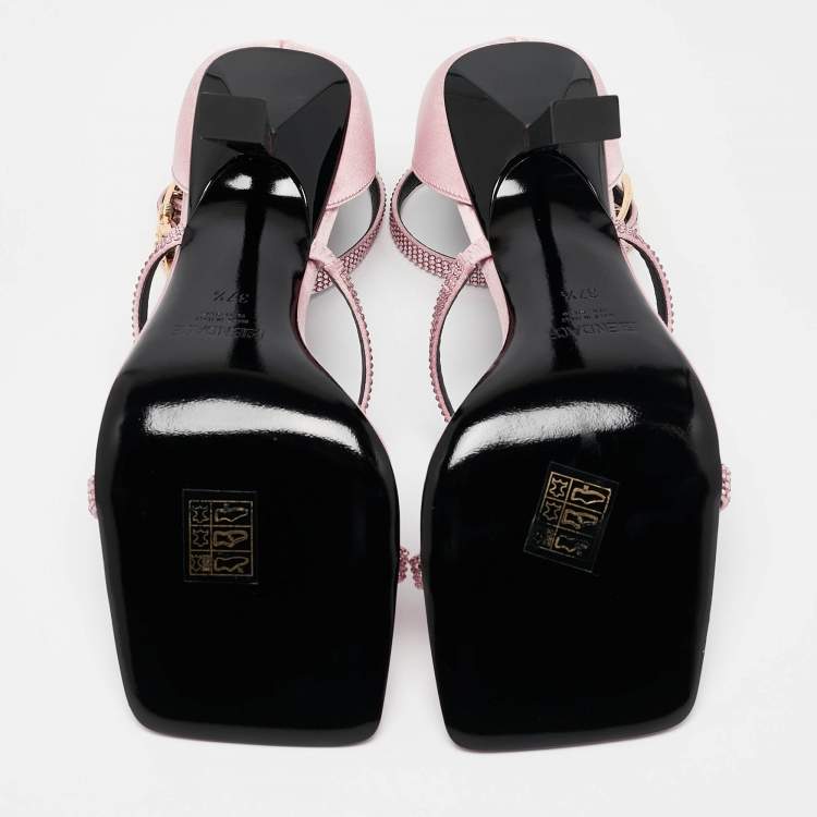 Pre Owned Fendi x Versace Pink Satin Crystal Embellished Ankle Strap Sandals Size 37.5