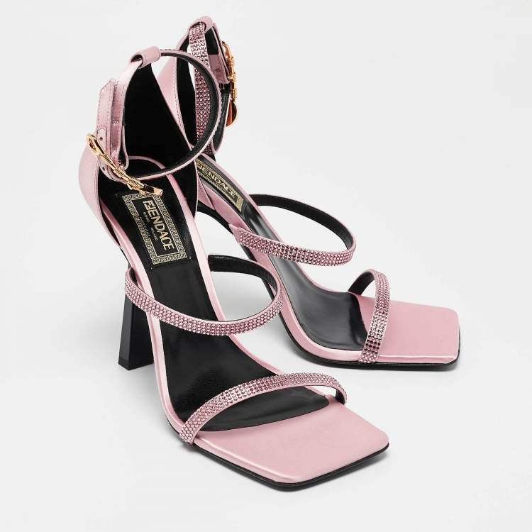 Pre Owned Fendi x Versace Pink Satin Crystal Embellished Ankle Strap Sandals Size 37.5