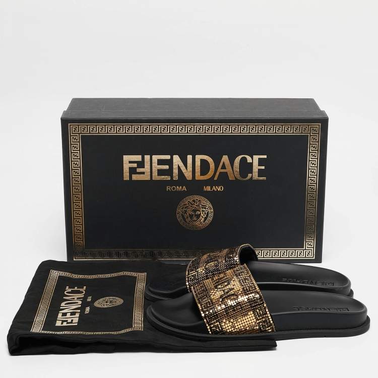 Pre Owned Fendi x Versace Gold/Black Metal Mesh Pool Slides Size 39