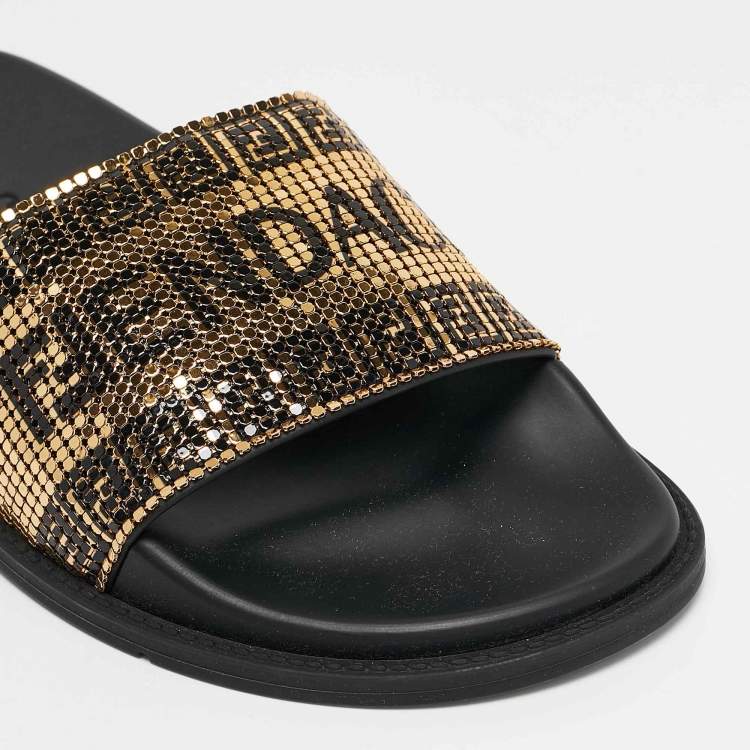 Pre Owned Fendi x Versace Gold/Black Metal Mesh Pool Slides Size 39