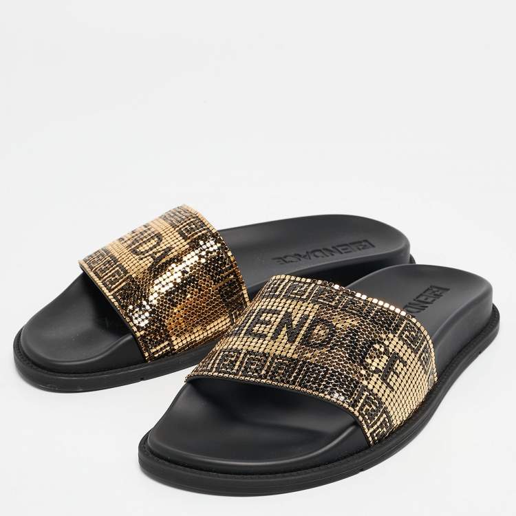 Pre Owned Fendi x Versace Gold/Black Metal Mesh Pool Slides Size 39