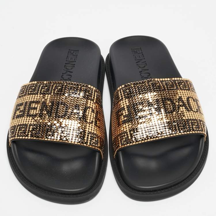 Pre Owned Fendi x Versace Gold/Black Metal Mesh Pool Slides Size 39