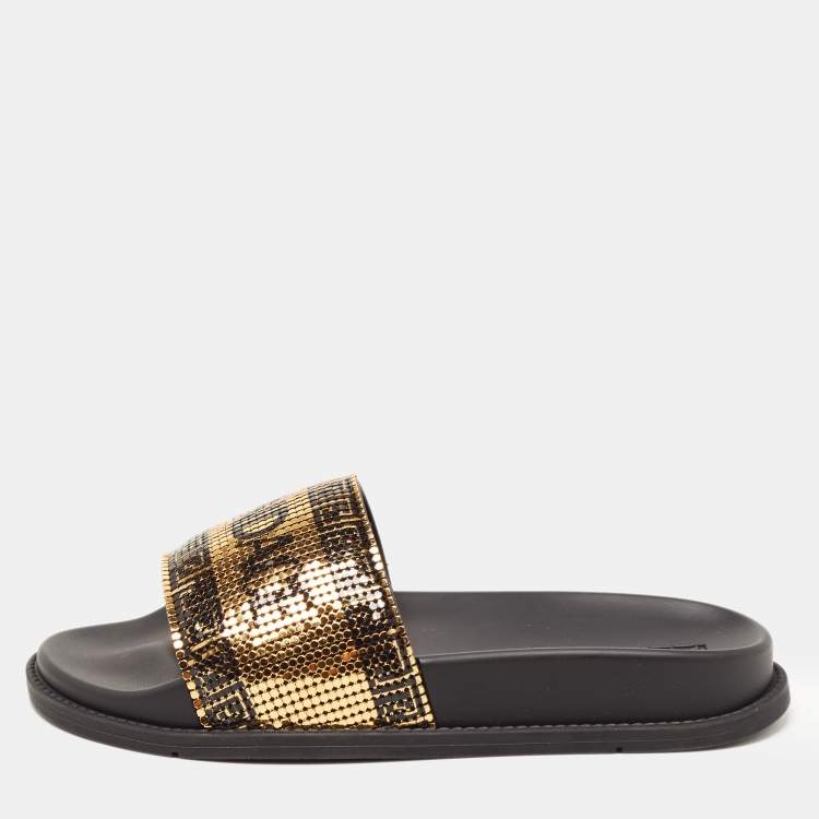 Fendi x Versace Gold Black Metal and Rubber Flat Slides Size 36