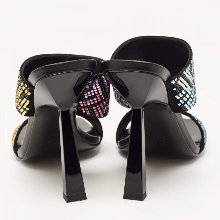 Pre Owned Fendi x Versace Multicolor Leather Crystal Embellished Slides Size 39 