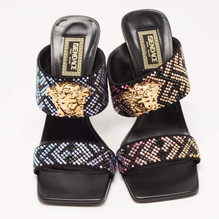 Pre Owned Fendi x Versace Multicolor Leather Crystal Embellished Slides Size 39 