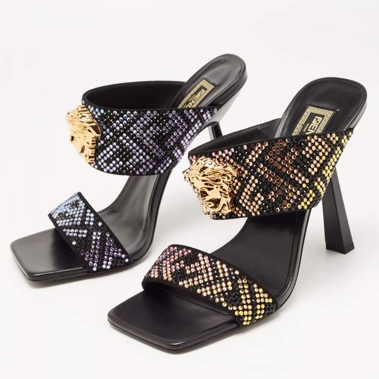 Pre Owned Fendi x Versace Multicolor Leather Crystal Embellished Slides Size 39 