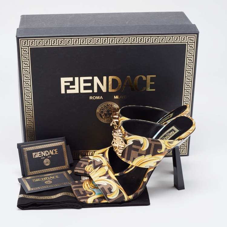 Pre Owned Fendi x Versace Yellow/Black Canvas Medusa Slides Size 38 