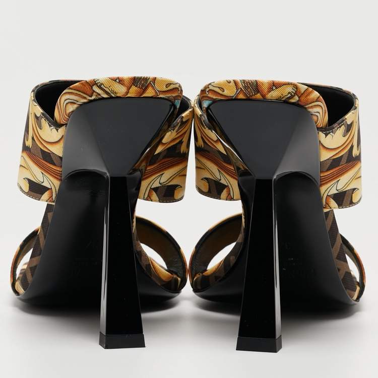 Pre Owned Fendi x Versace Black/Yellow Zucca Canvas Medusa Logo Slide Sandals Size 37