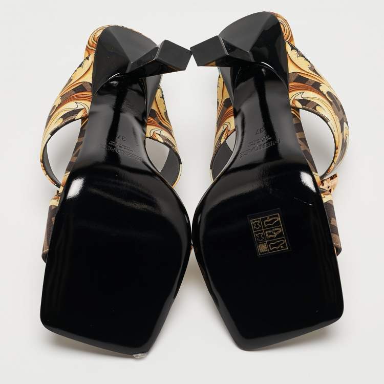 Pre Owned Fendi x Versace Black/Yellow Zucca Canvas Medusa Logo Slide Sandals Size 37