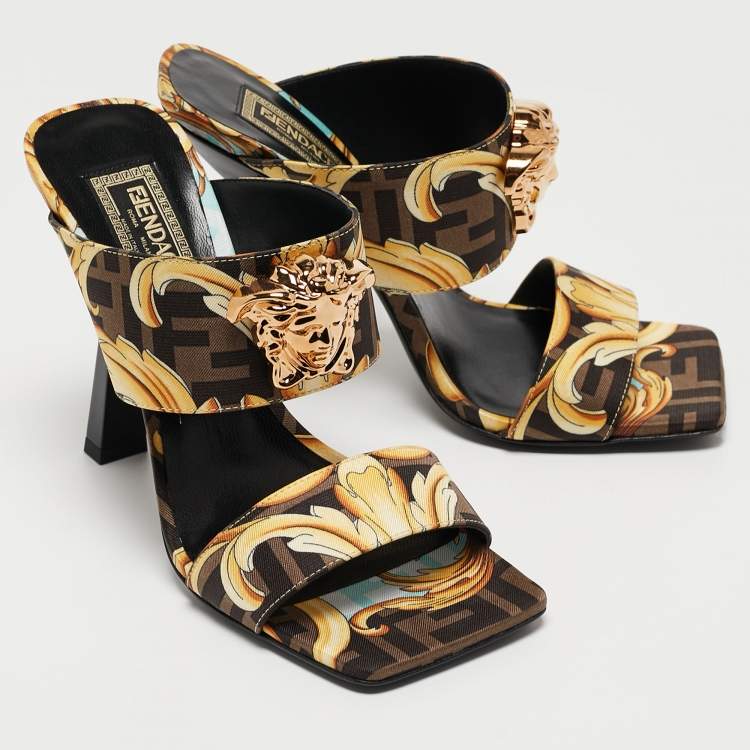 Pre Owned Fendi x Versace Black/Yellow Zucca Canvas Medusa Logo Slide Sandals Size 37