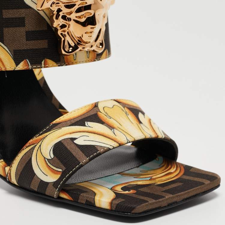 Pre Owned Fendi x Versace Black/Yellow Zucca Canvas Medusa Logo Slide Sandals Size 37