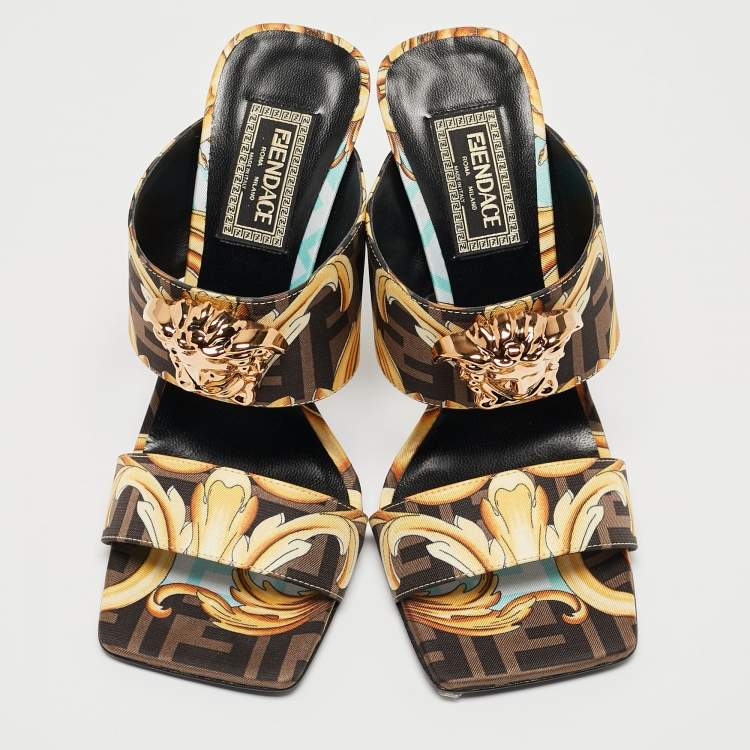 Pre Owned Fendi x Versace Black/Yellow Zucca Canvas Medusa Logo Slide Sandals Size 37