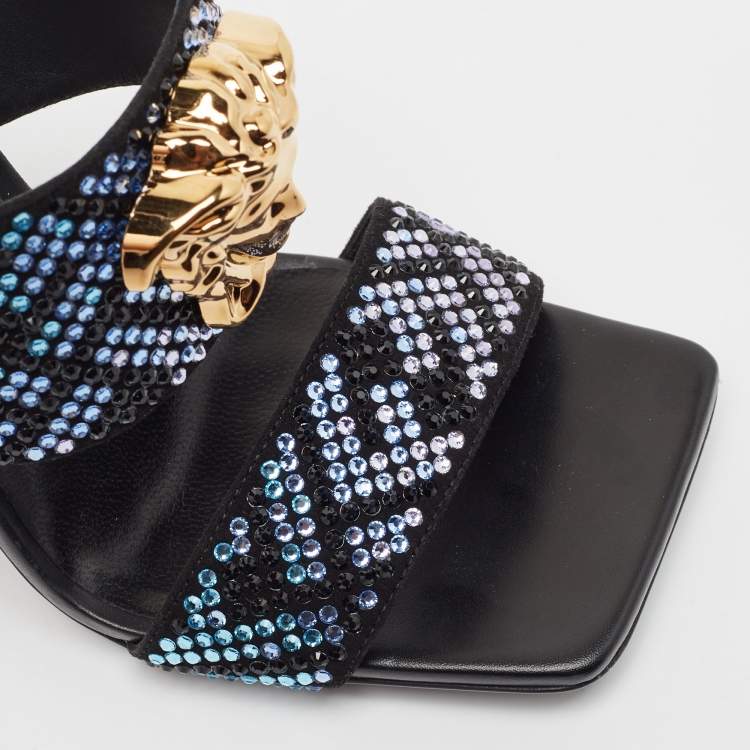 Pre Owned Fendi x Versace Fendace Black/Gold Suede Crystal Embellished Slide Sandals Size 36