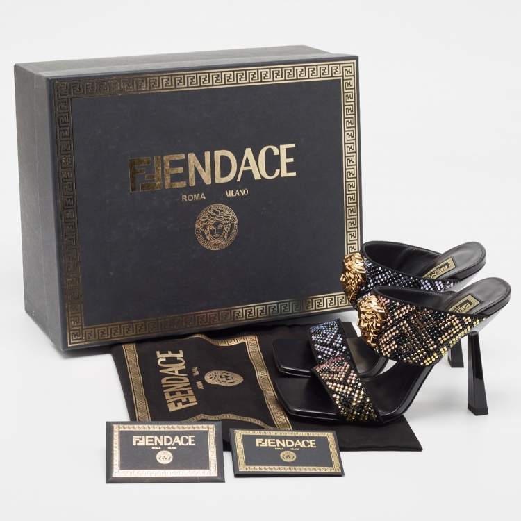 Pre Owned Fendi x Versace Fendace Black/Gold Suede Crystal Embellished Slide Sandals Size 36