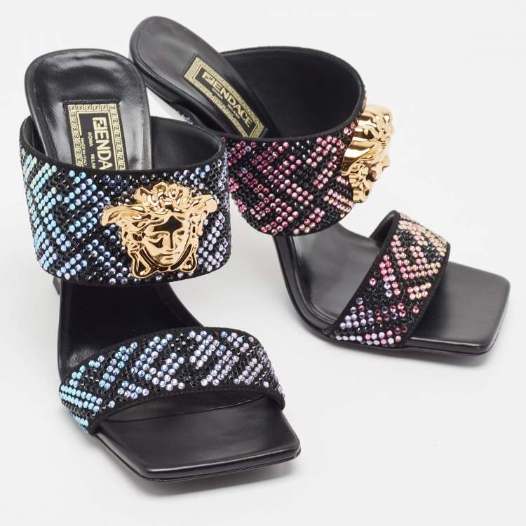 Pre Owned Fendi x Versace Fendace Black/Gold Suede Crystal Embellished Slide Sandals Size 36