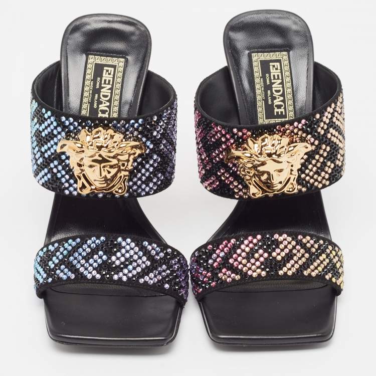 Pre Owned Fendi x Versace Fendace Black/Gold Suede Crystal Embellished Slide Sandals Size 36