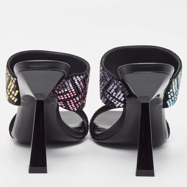 Pre Owned Fendi x Versace Fendace Black/Gold Suede Crystal Embellished Slide Sandals Size 36