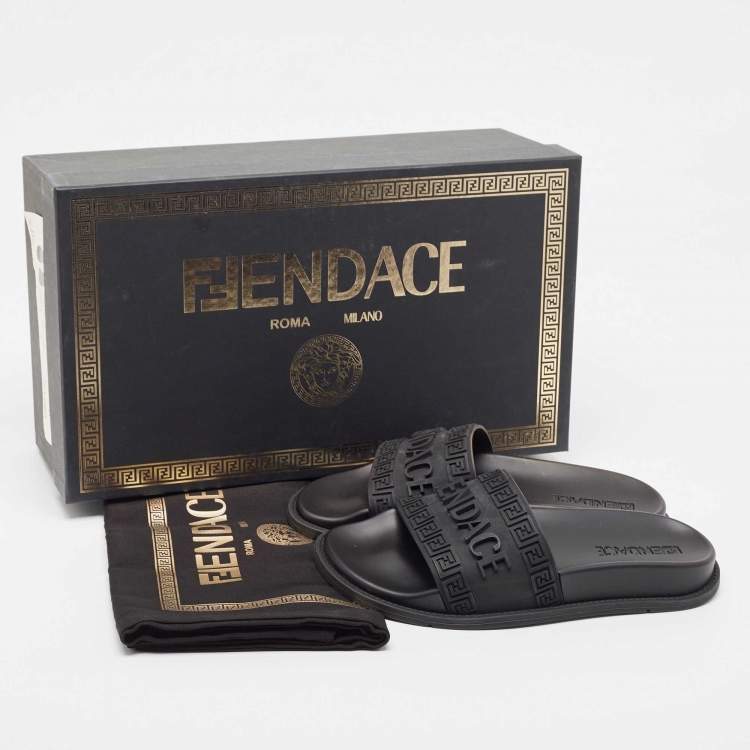 Pre Owned Fendi x Versace Black Rubber Flat Slides Size 37