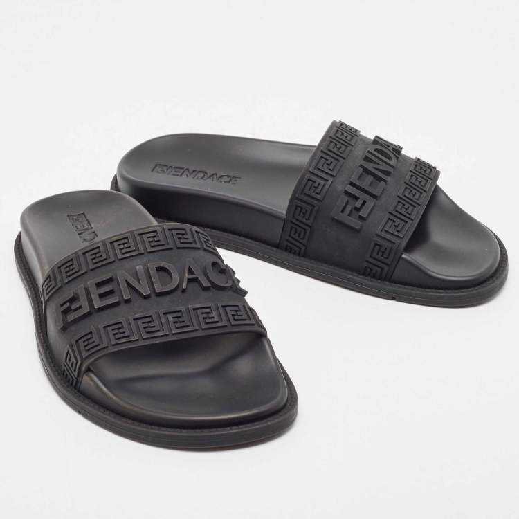 Pre Owned Fendi x Versace Black Rubber Flat Slides Size 37