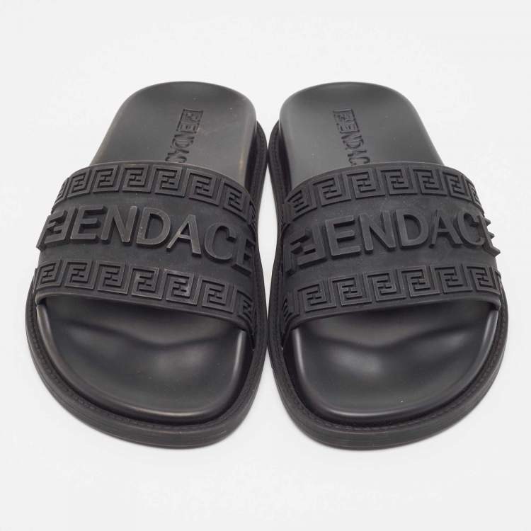 Pre Owned Fendi x Versace Black Rubber Flat Slides Size 37