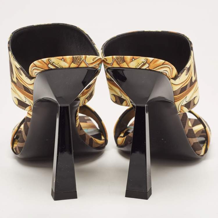 Pre Owned Fendi x Versace Black/Yellow Baroque Fabric Fendace Medusa Slide Sandals Size 36