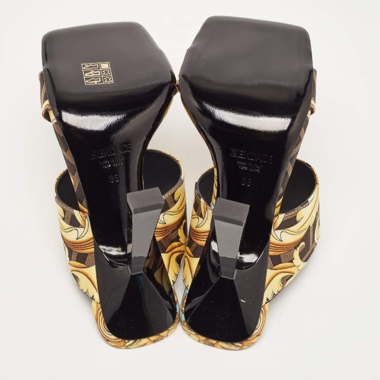 Pre Owned Fendi x Versace Black/Yellow Baroque Fabric Fendace Medusa Slide Sandals Size 36
