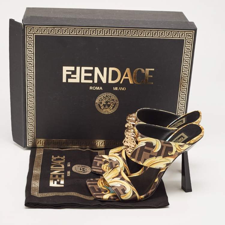 Pre Owned Fendi x Versace Black/Yellow Baroque Fabric Fendace Medusa Slide Sandals Size 36