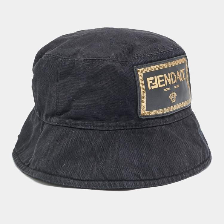 Pre Owned Fendace Black Logo Leather Patch Cotton Bucket Hat M