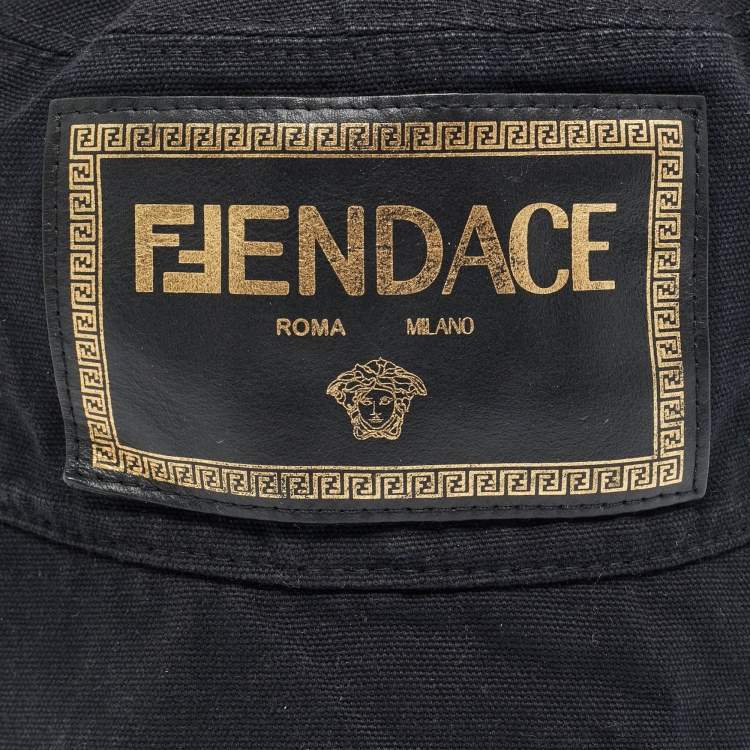 Pre Owned Fendace Black Logo Leather Patch Cotton Bucket Hat M