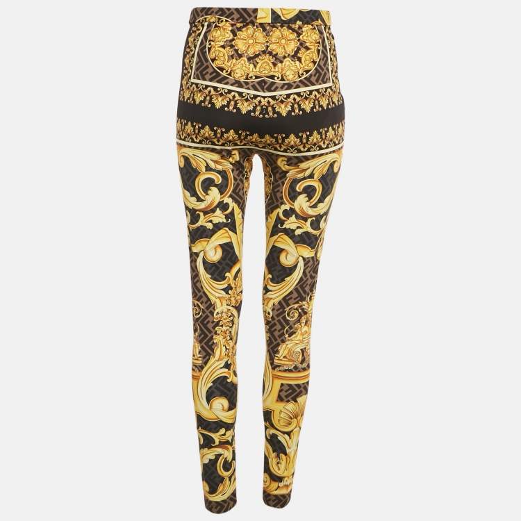 Pre Owned Fendace Black /Yellow Baroque Print Jersey Leggings M