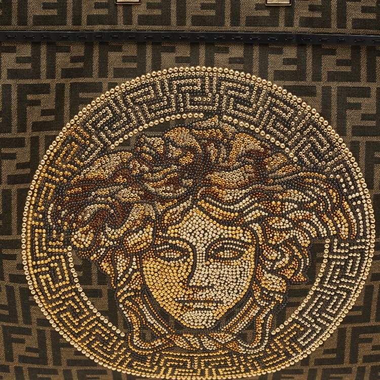 Pre Owned Fendi x Versace Brown/Black Zucca Canvas and Leather Large Sunshine Tote