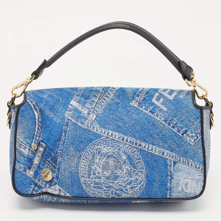 Pre Owned Fendi x Versace Fendace Blue/Black Denim and Leather Fendace Patchwork Baguette Bag