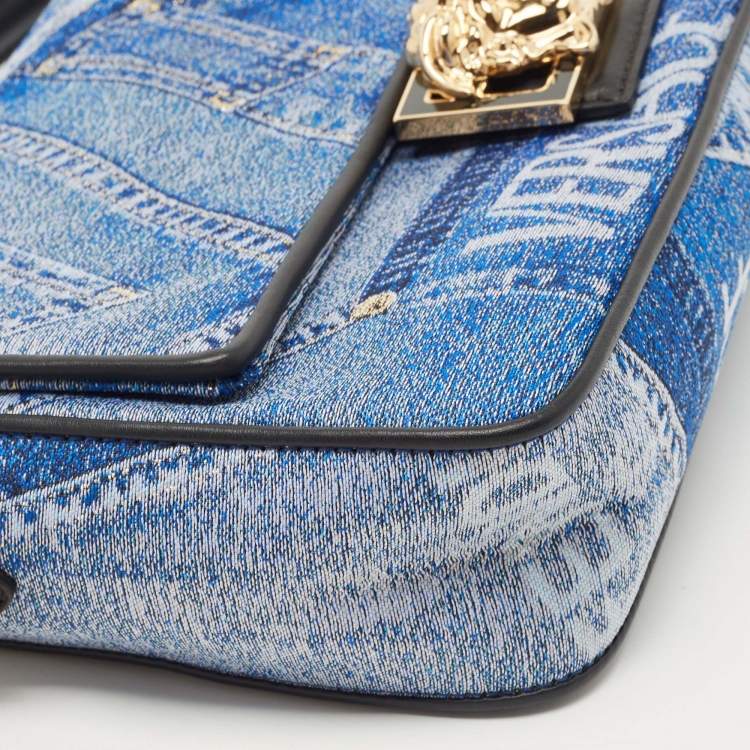 Pre Owned Fendi x Versace Fendace Blue/Black Denim and Leather Fendace Patchwork Baguette Bag