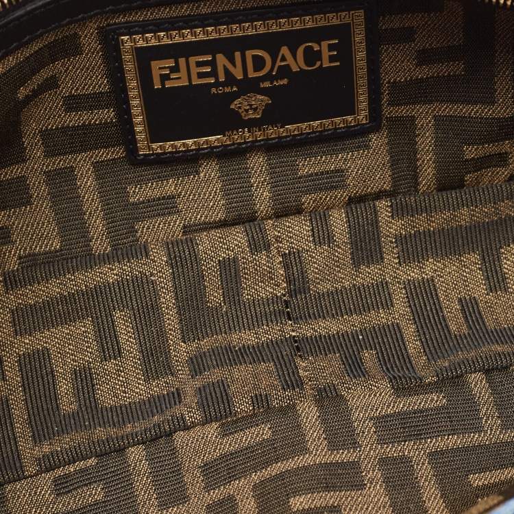 Pre Owned Fendi x Versace Fendace Blue/Black Denim and Leather Fendace Patchwork Baguette Bag