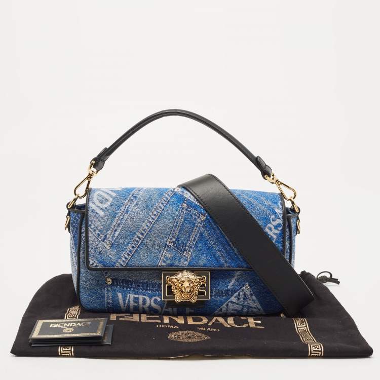 Pre Owned Fendi x Versace Fendace Blue/Black Denim and Leather Fendace Patchwork Baguette Bag