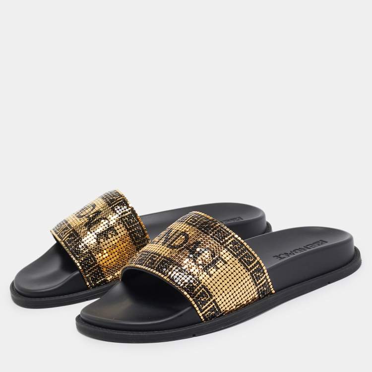 Pre Owned Fendi x Versace Gold/Black Metal Mesh Pool Slides Size 38